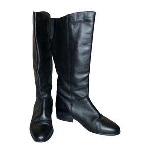 Leather Boots Black Womens 7M J C Penny Pull On Almond Toe Block Heel Mid Calf